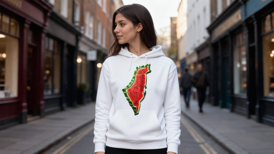 Woman in a white Palestine Watermelon map hoodie on Stoke Newington Church Street, London