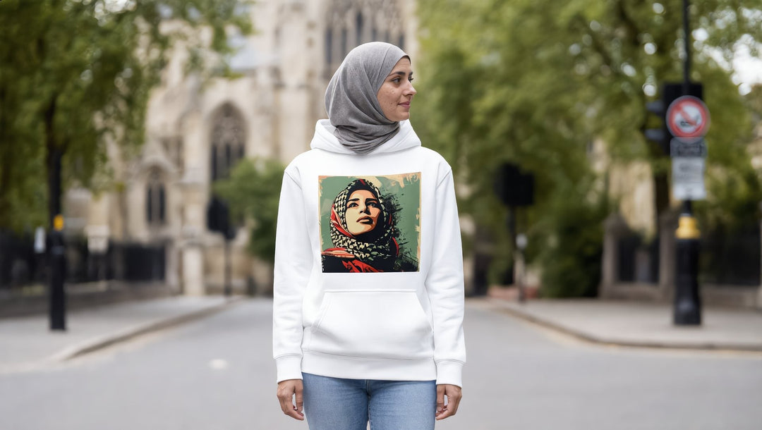 Woman in a Palestine Hope hoodie near an old church in Islington, London