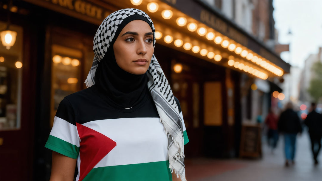 Woman in a Palestine flag t-shirt outside an independent cinema in Soho, London