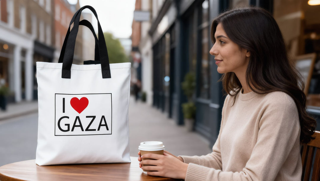 Woman with coffee and an I Love Gaza tote at a café in Marylebone, London