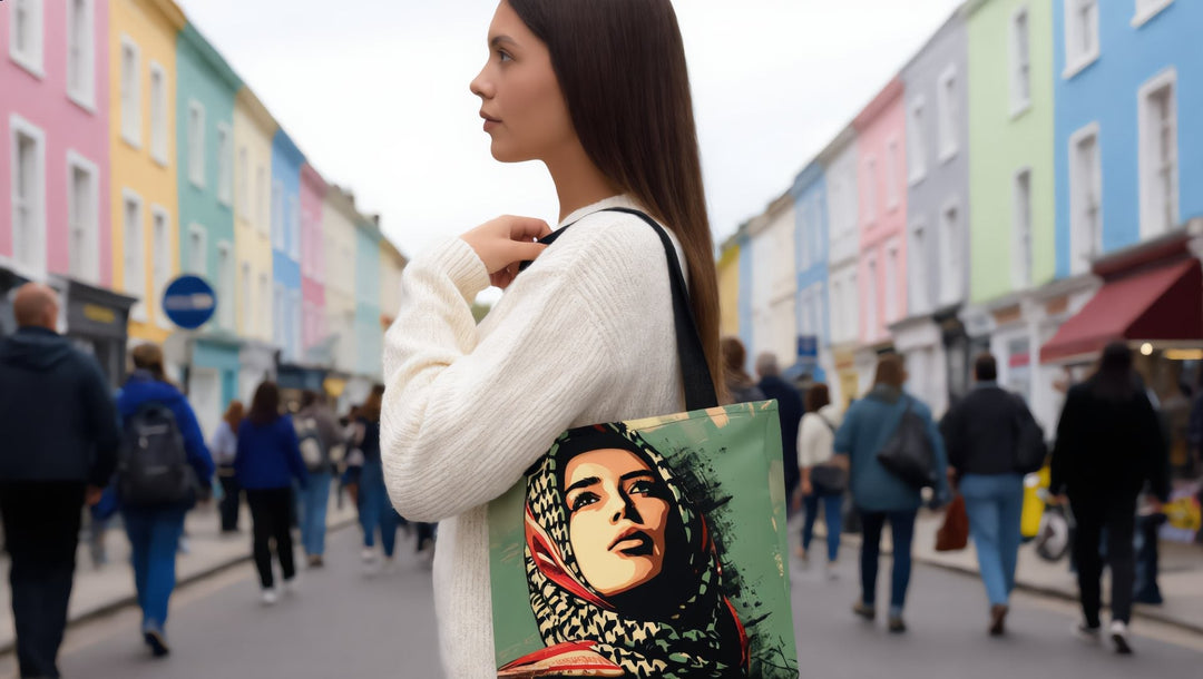 Woman carrying a Palestine Hope tote bag on a pastel street in Notting Hill, London
