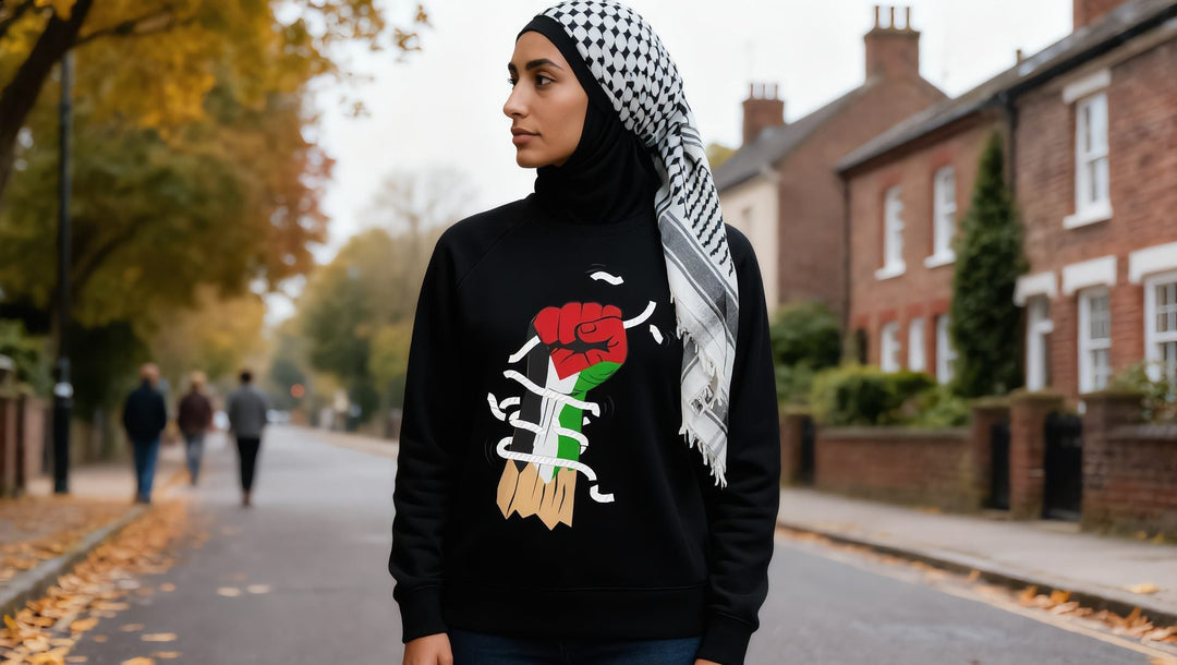 Woman in a black Palestine Hand fist sweatshirt on a leafy street in Hampstead, London