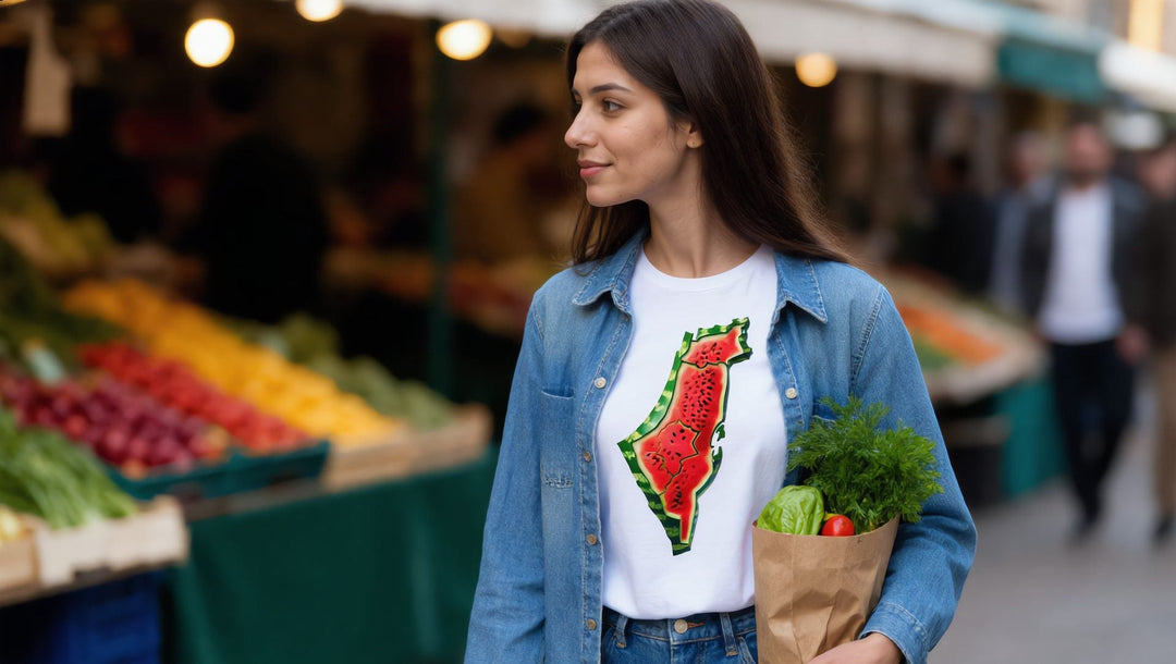 Woman shopping for herbs at Ridley Road Market in Dalston, London, in a watermelon map t-shirt