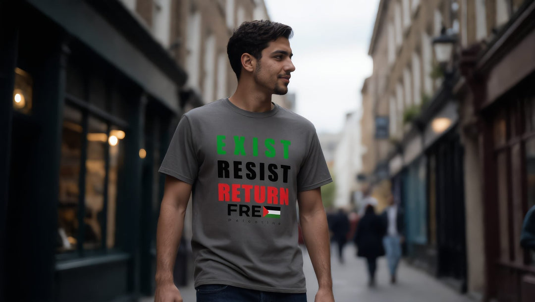Man in a grey Exist Resist Return t-shirt walking through Camden, London