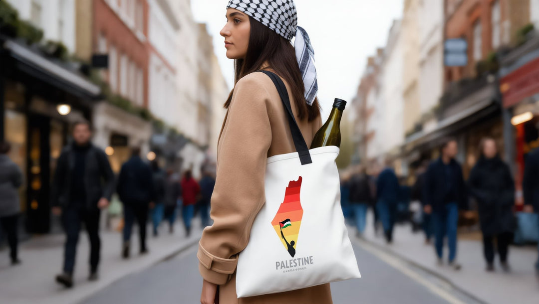 Woman carrying a Palestine Map tote bag with olive oil on Marylebone High Street, London