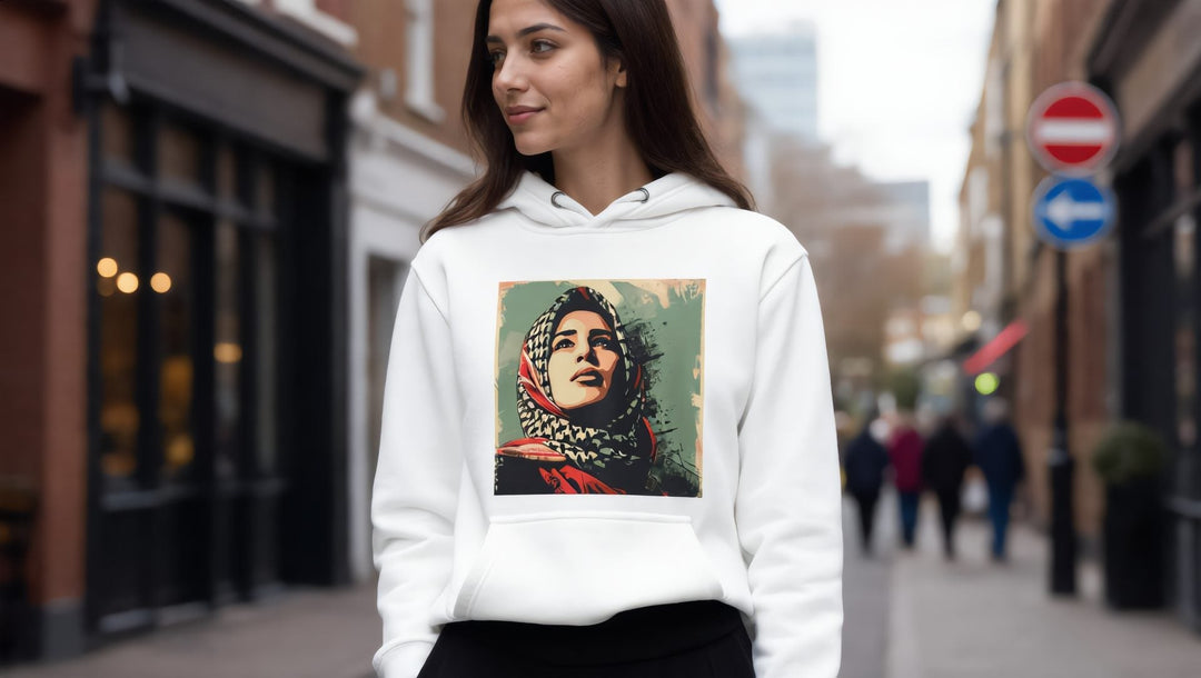 Woman in a white Palestine Hope hoodie on a street in Bethnal Green, London