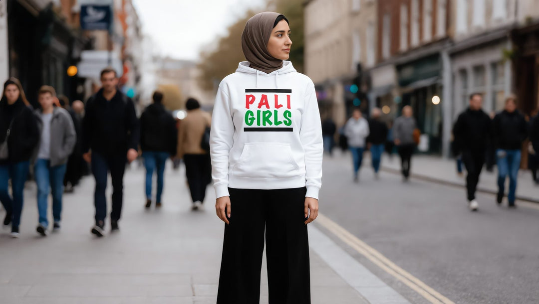 Woman in a white Pali Girls hoodie on Edgware Road in London