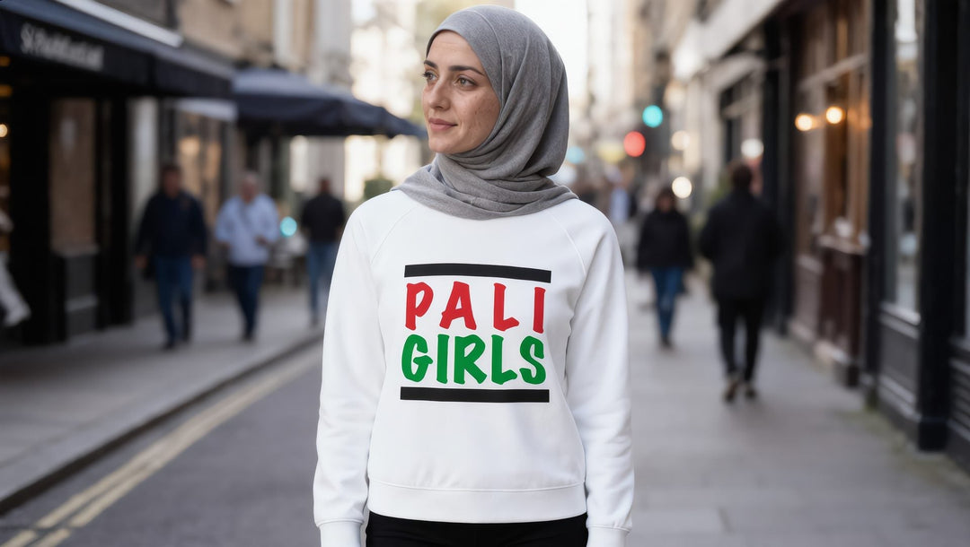 Woman in a white Pali Girls sweatshirt on a street in Shepherd's Bush, London