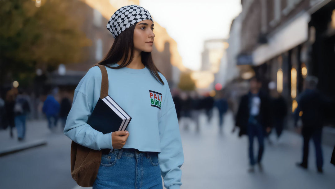 Student in a Pali Girls embroidered crop sweatshirt on Gower Street, Bloomsbury