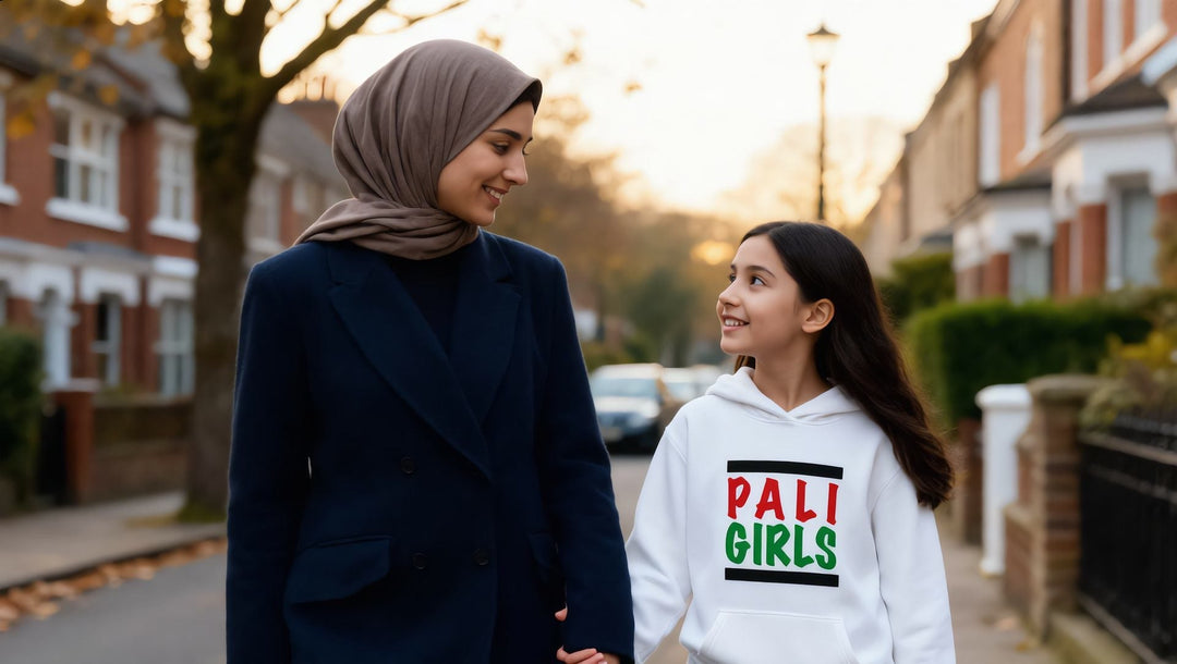 Girl in a Pali Girls kids hoodie walking with her mother on a London street