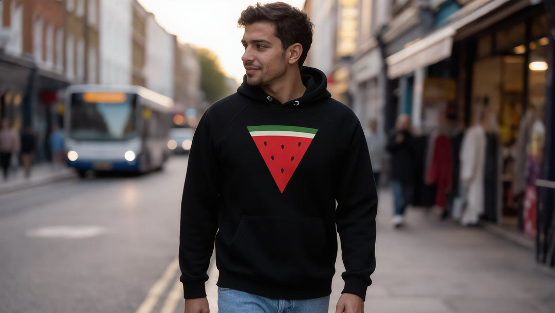 Man in a Triangle Watermelon hoodie on Mare Street, Hackney