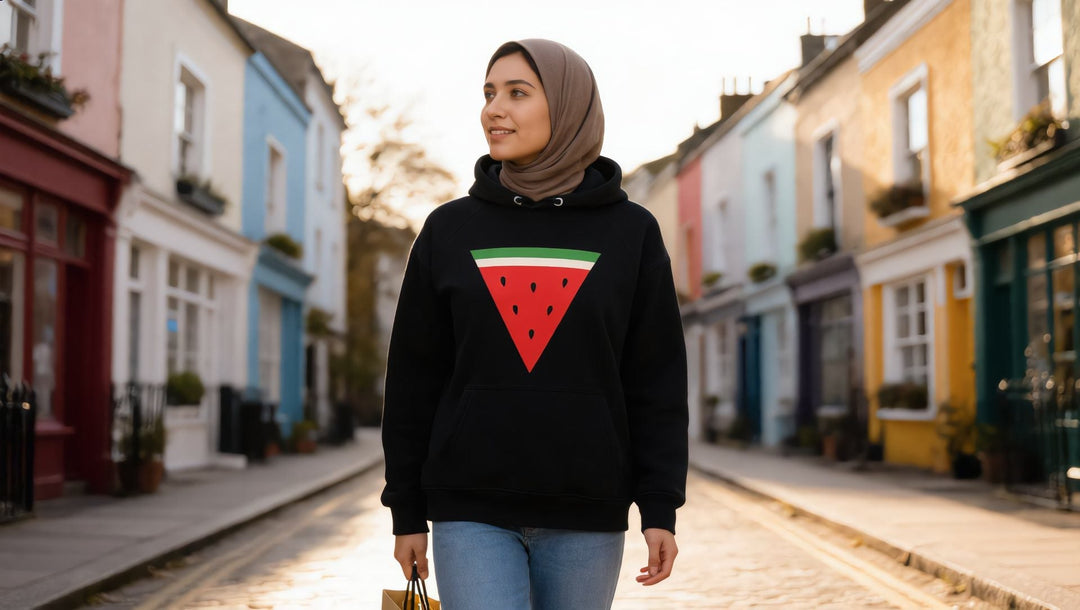 Woman in a Triangle Watermelon hoodie on a Notting Hill street, London