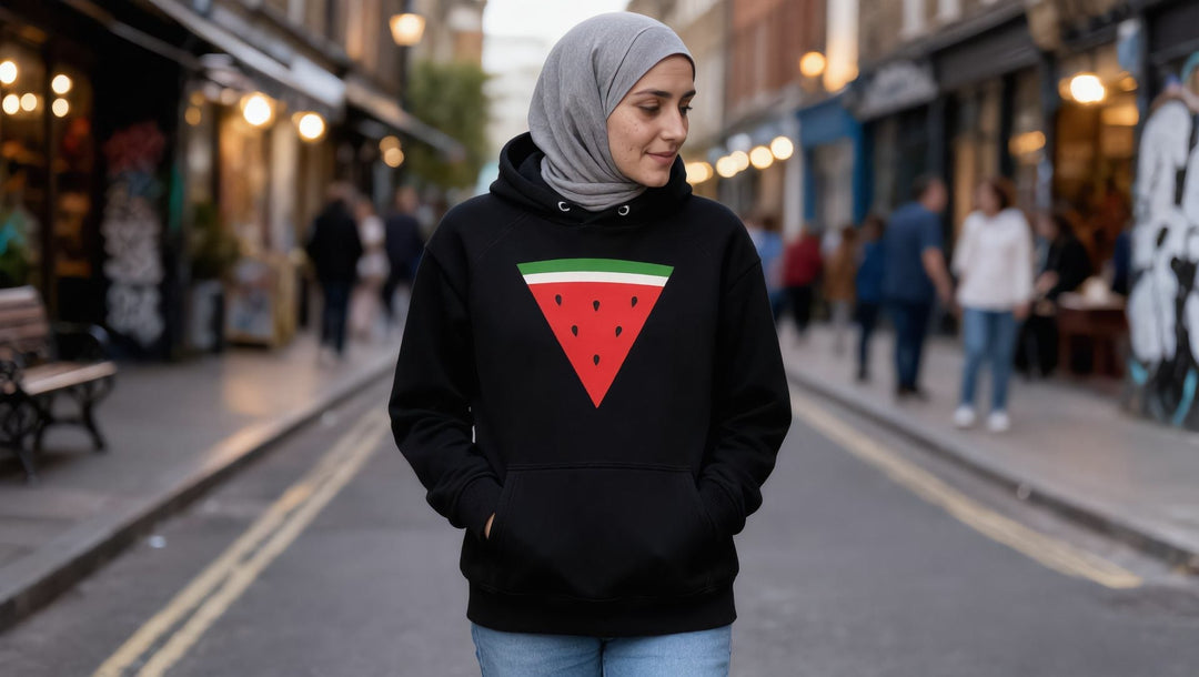 Woman in a Triangle Watermelon hoodie on Redchurch Street, Shoreditch