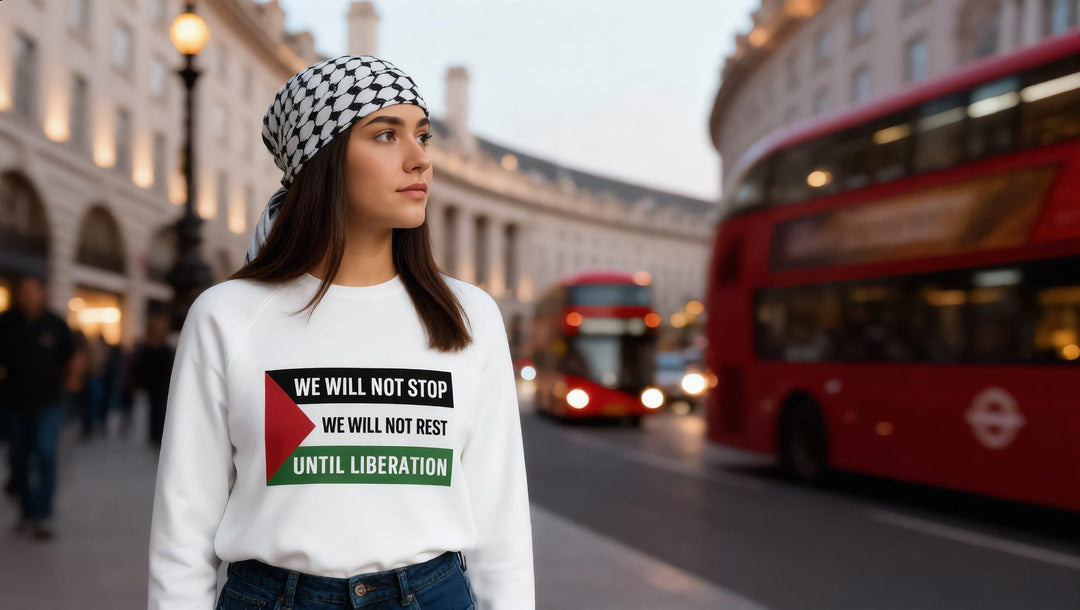 Woman in a We Will Not Stop sweatshirt near Piccadilly Circus, London