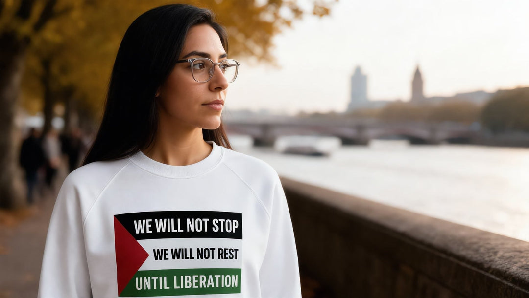 Woman in a We Will Not Stop sweatshirt on the South Bank by the Thames, London