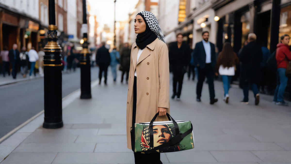 Woman carrying a Palestine Hope Duffle bag on Marylebone High Street, London