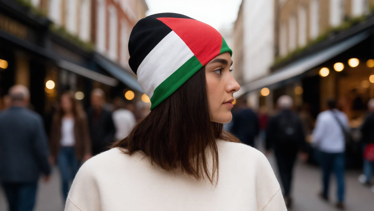 Woman wearing a Palestine Flag All-Over Print Beanie on Neal Street in Covent Garden, London