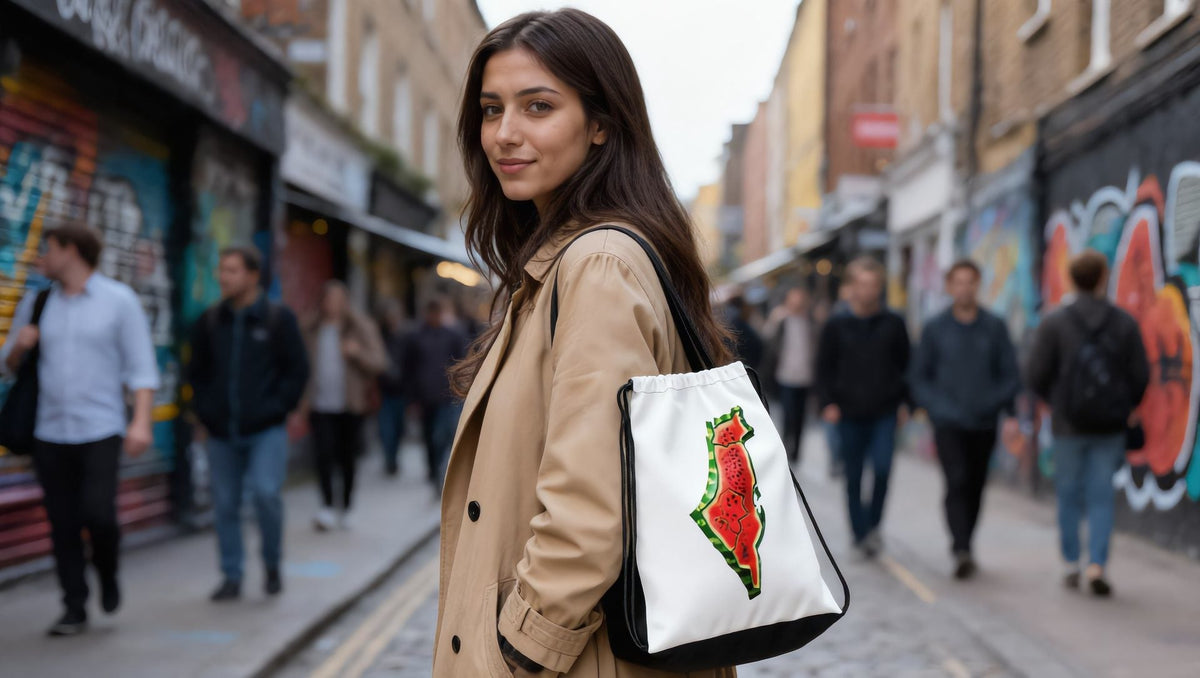 Woman carrying a Palestine Watermelon Drawstring bag on Brick Lane in Shoreditch, London