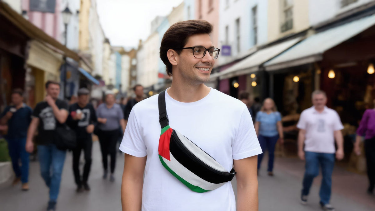 Man carrying a Palestine Flag Fanny Pack in Notting Hill near Portobello Road, London