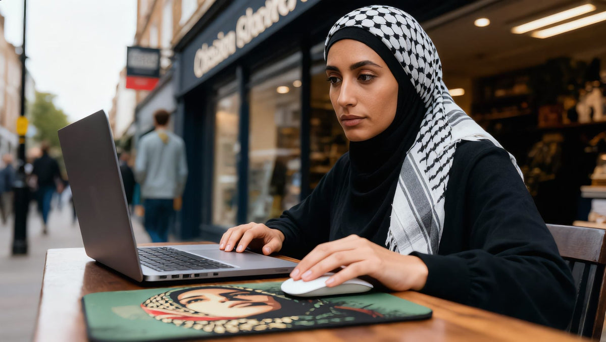 Woman working on a laptop with a Palestine Hope mouse pad at a pavement table on Chiswick High Road, London