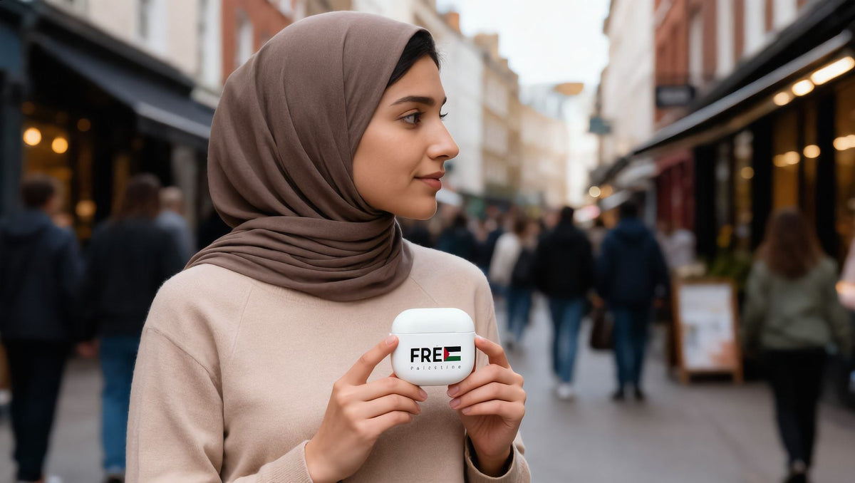 Woman holding a Free Palestine rubber AirPods Pro case in Greenwich town centre, London