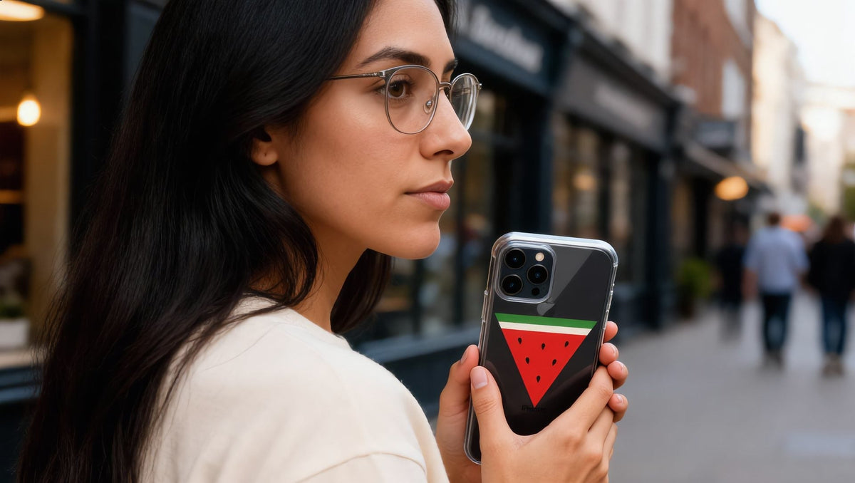 Woman holding a phone in a Triangle Watermelon Clear Case for iPhone on Brixton Road, London