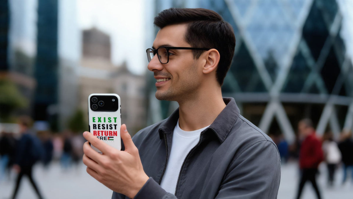 Man holding an iPhone in an Exist Resist Return tough case in Canary Wharf, London