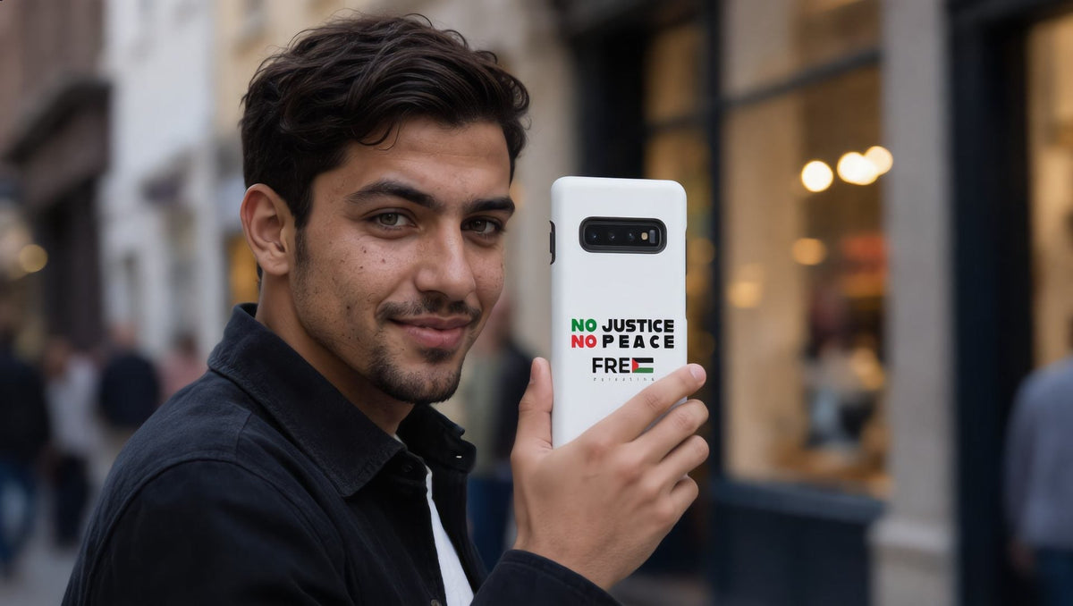 Man holding a Samsung phone in a No Justice No Peace tough case on the Strand, London