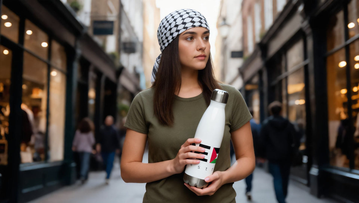 Woman holding a Free Palestine stainless steel water bottle on Neal Street, Covent Garden, London