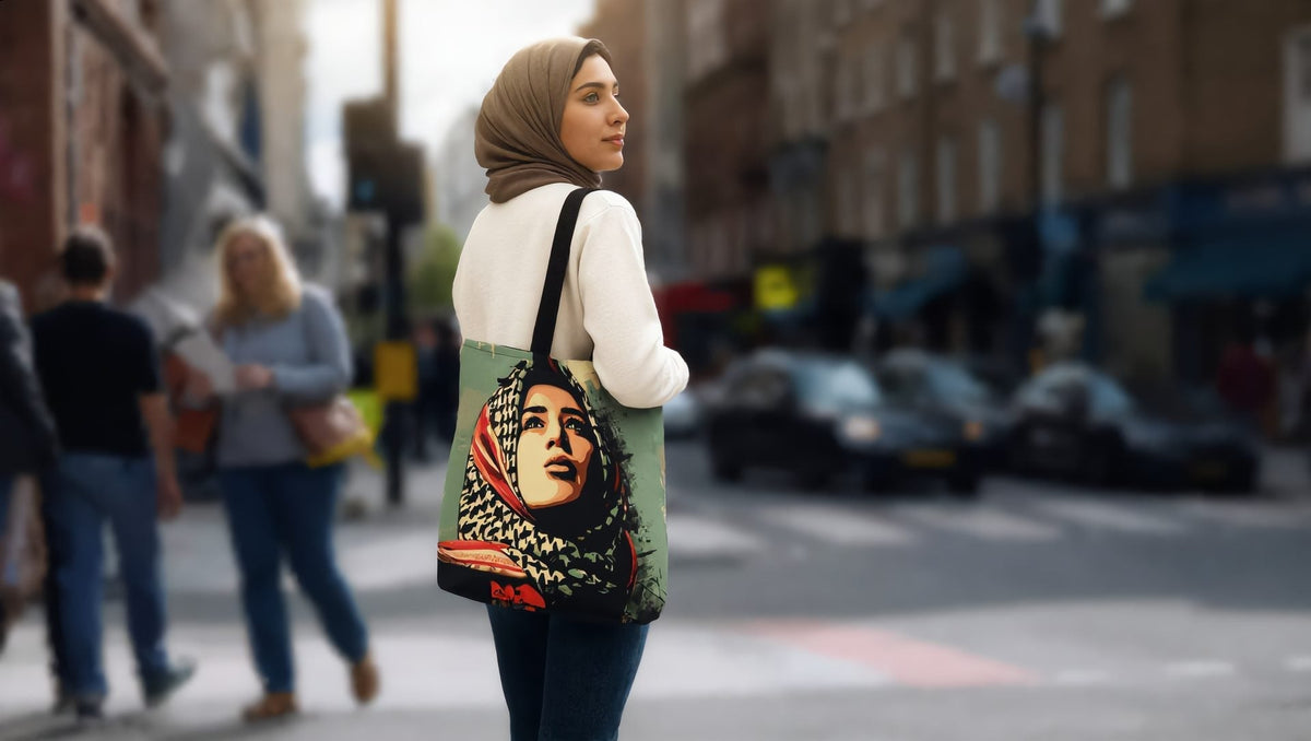 Woman carrying a Palestine Hope tote bag on a city street