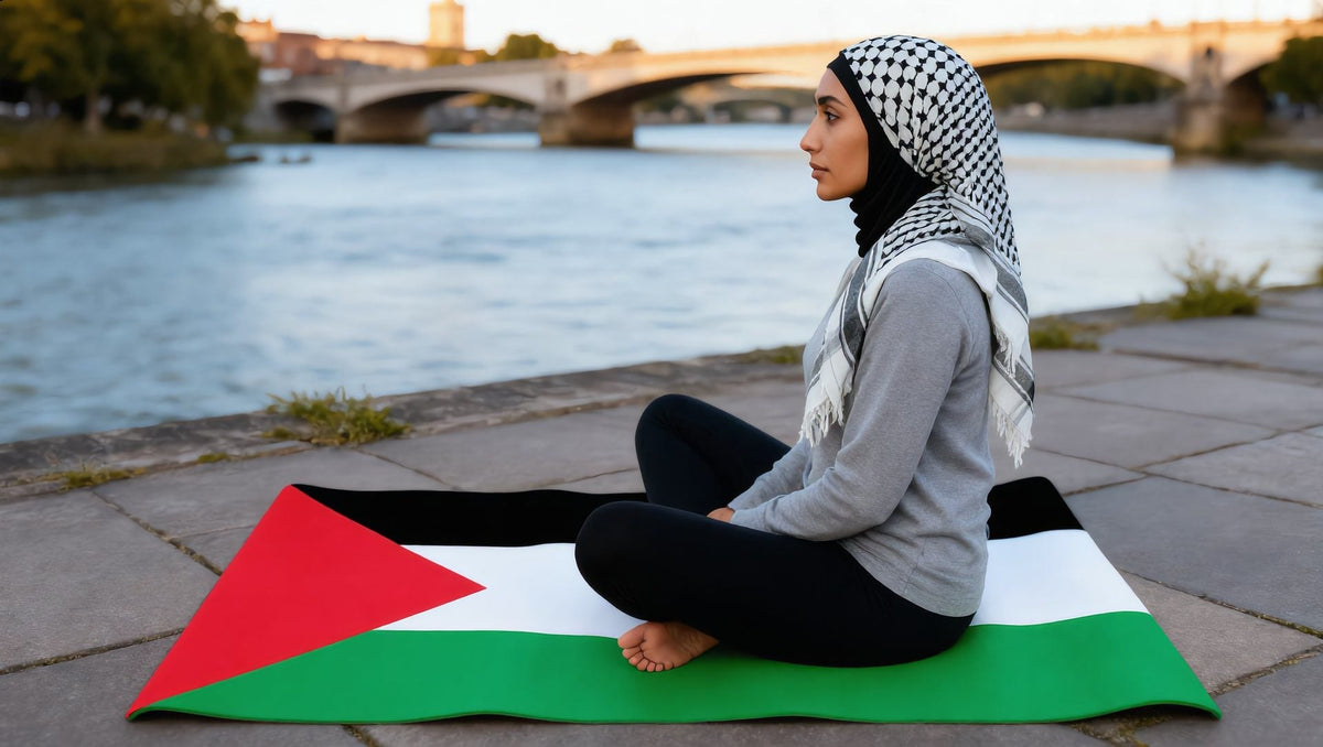 Woman sitting on a Palestine flag yoga mat on a riverside plaza by the Thames, London