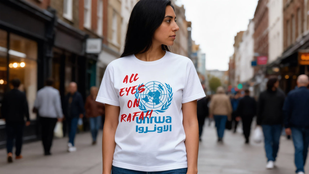 Woman wearing an All Eyes on Rafah T-shirt on Commercial Street, Spitalfields, London