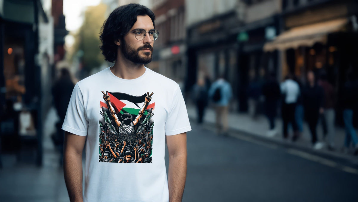 Man wearing an Art by Moh T-shirt on Tottenham Court Road, Fitzrovia, London
