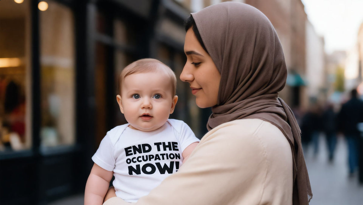 Mother holding a baby in an End the Occupation Now baby bodysuit on Upper Street, Islington, London