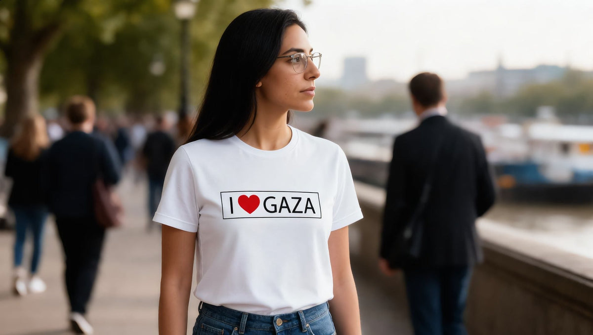 Woman wearing an I Love Gaza t-shirt on the South Bank by the Thames, London