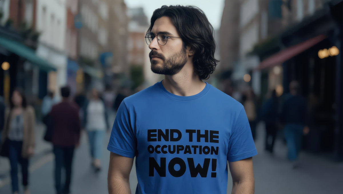 Man wearing an End the Occupation Now T-shirt on Charing Cross Road, West End, London