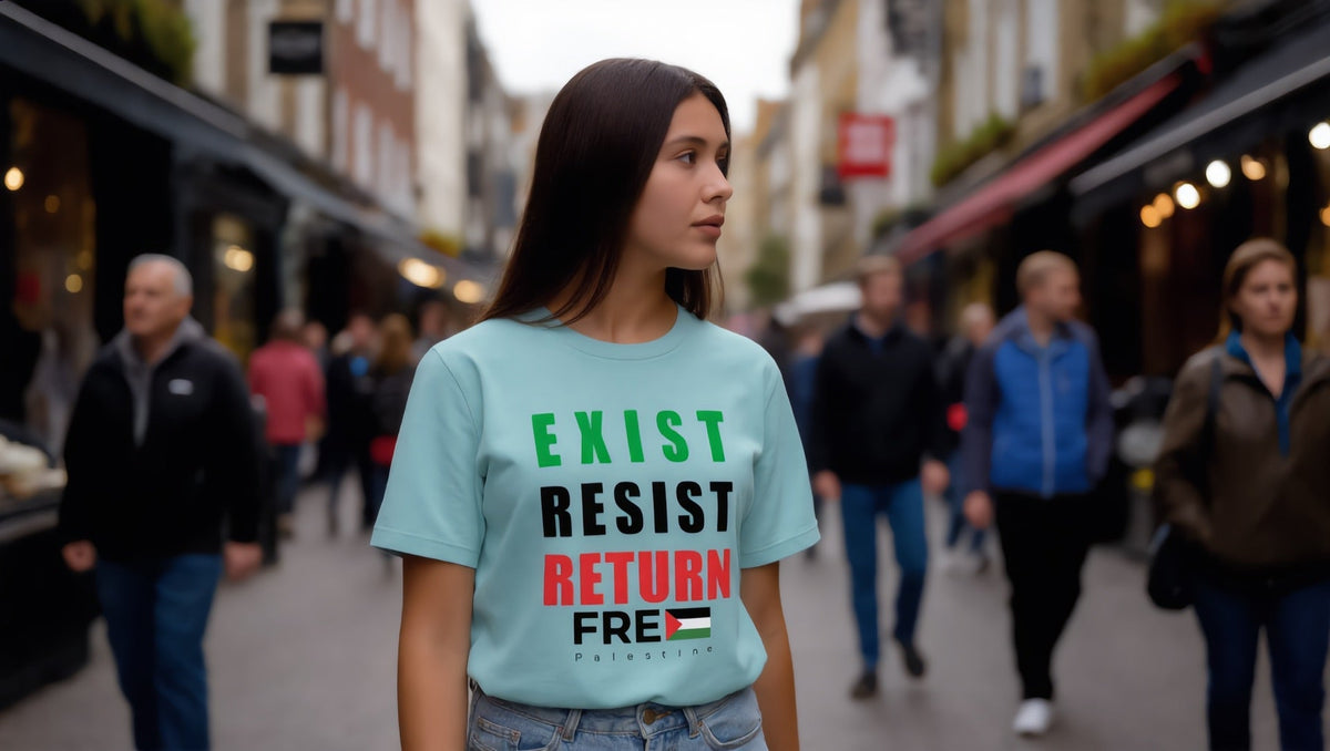 Woman wearing an Exist Resist Return T-shirt on Portobello Road, Notting Hill, London