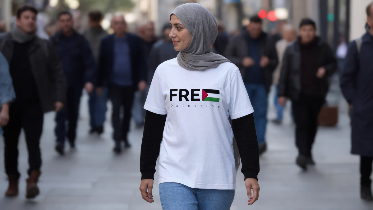 Woman wearing a Free Palestine T-shirt on Southbank promenade, Waterloo, London