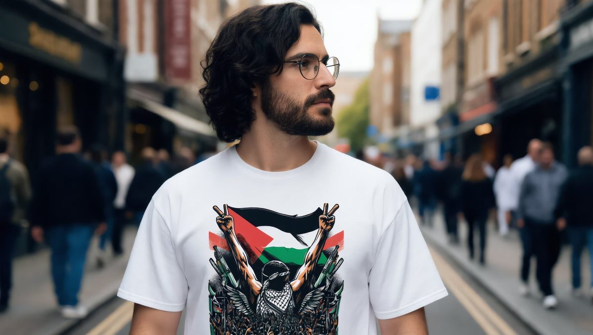 Man wearing a white Art by Moh freedom artwork t-shirt on Brick Lane, London