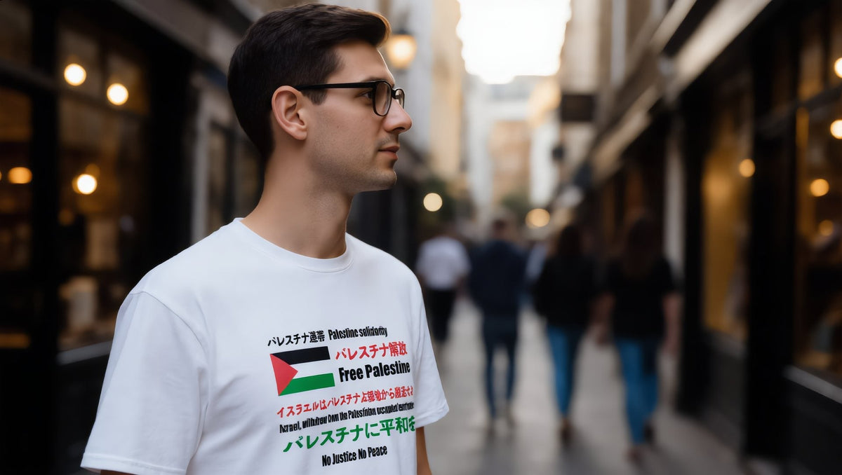 Man wearing a white Japanese Exclusive Free Palestine t-shirt in Soho, London
