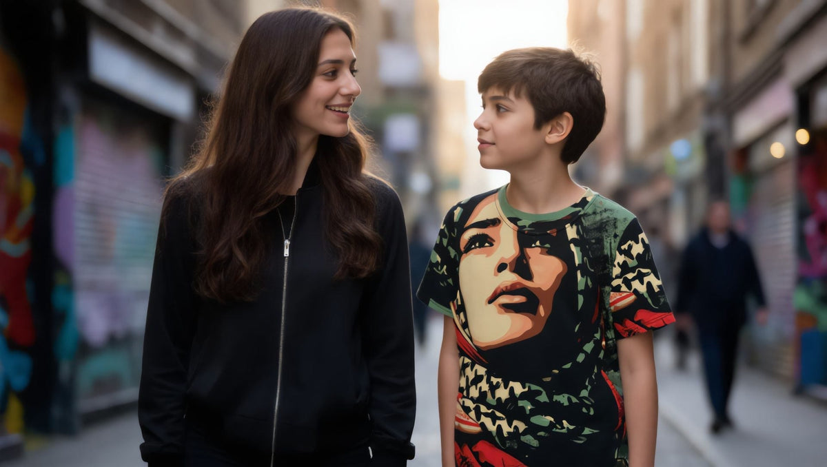 Mother and child in a Palestine Hope all-over print kids t-shirt on Brick Lane, London