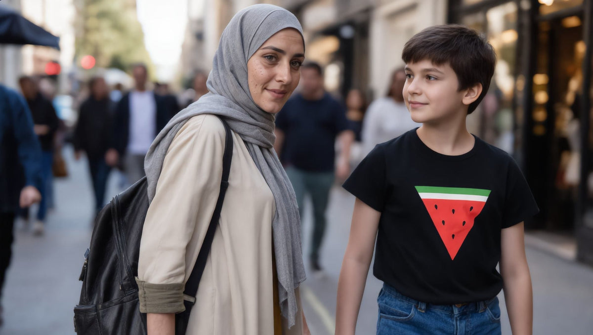 Mother walking with a child in a black watermelon kids t-shirt on Kensington High Street, London