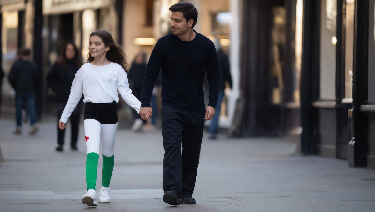 Father walking with a girl in Palestine flag kids leggings in Soho, London