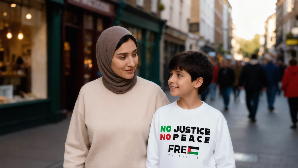 Mother and child in a No Justice No Peace kids sweatshirt in Greenwich, London