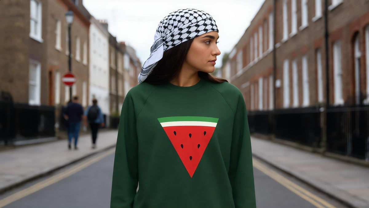 Woman wearing a Triangle Watermelon top on a city street