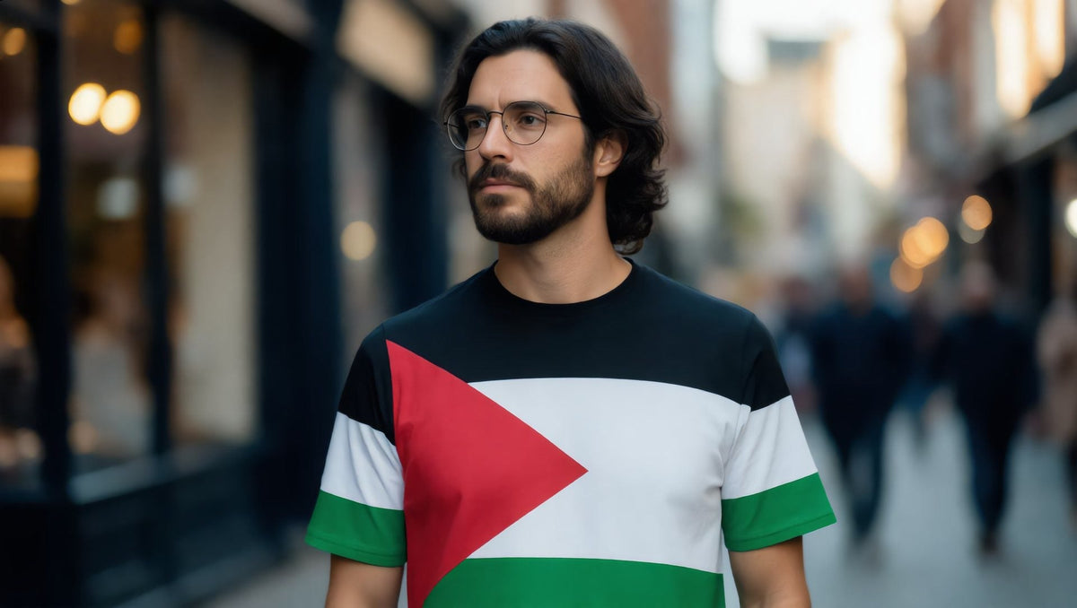 Man wearing a Palestine flag all-over print t-shirt on Bayswater Road, London