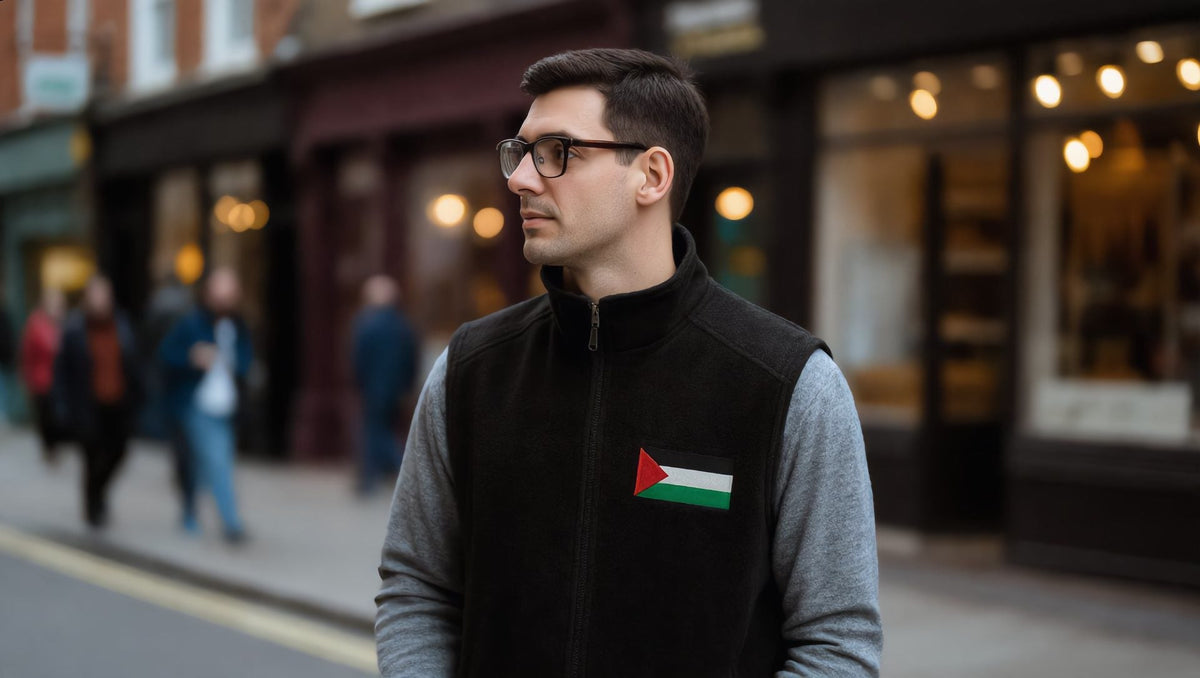 Man wearing a black fleece vest with an embroidered Palestine flag on Stoke Newington Church Street, London
