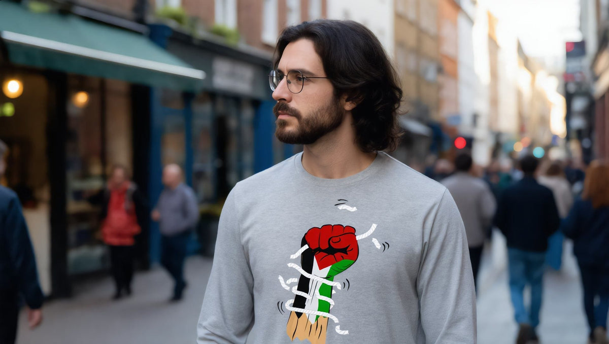 Man wearing a grey long sleeve tee with a raised fist and Palestine flag on Upper Street, Islington, London
