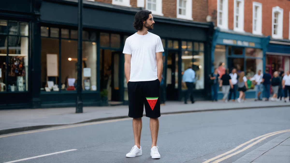 Man wearing black fleece shorts with a watermelon triangle on Kensington High Street, London
