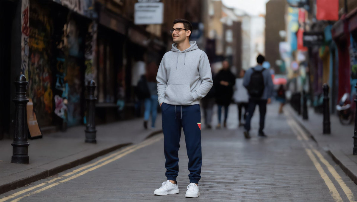 Man wearing navy joggers with watermelon details on Brick Lane, Shoreditch, London